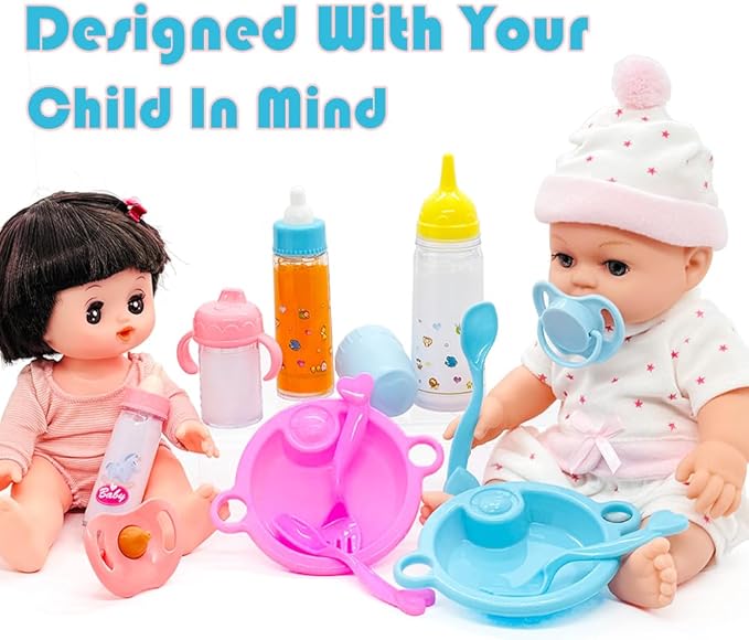 Baby Doll Accessories Magic Bottle Set Magic Disappearing Milk Juice Bottles Sippy Cups with Pacifiers Bowl Spoons, Doll Bottle Toys Feeding Pretend Playset for Kids Girls Ages 3+ (Big Set(12pcs))
