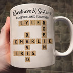 Family Forever Linked Together Custom Names Ceramic Mug, Crossword Puzzle Art, for Birthday, Anniversary or Special Occasions (Brothers & Sisters Forever Linked Together White Mug Ver 2)