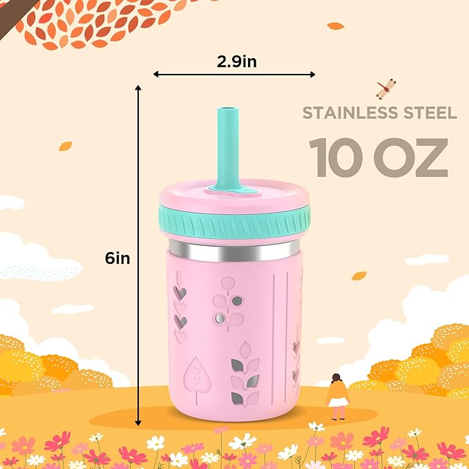 Tronco [2 Pack] 10 oz 2-in-1 Stainless Steel Kids Tumbler Cups with Silicone Sleeves, Spill-Resistant Flexible Straws & Storage Lids, BPA-Free Smoothie and Snack Cups, Dishwasher Safe