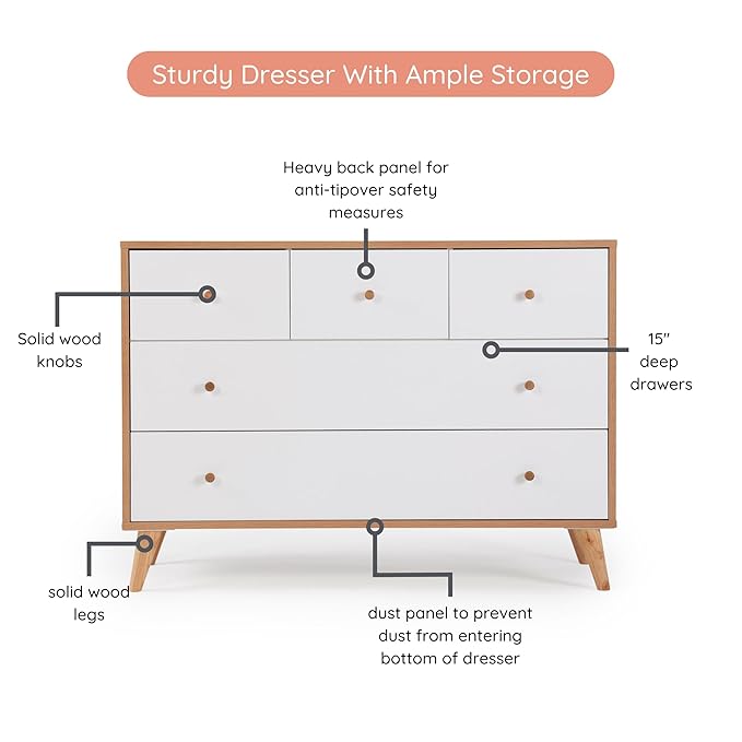 dadada Austin 5-Drawer Dresser for Nursery and Bedroom - Modern Design, Large Storage, Baby-Safe Finish, Anti-Tip Safety, Solid Wood Feet, Durable Construction (White+Natural)