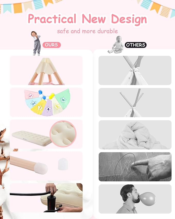 6 Pack Teepee Tent for Kids with Inflatable Airbed, Light, Toddler Tent Children Room Tents, Slumber Party Sleepover Tents, Indoor Outdoor Kids Playtent Playhouse for Girls & Boys