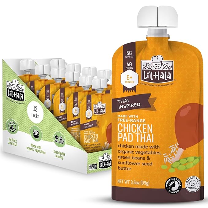 Li’l Hala Chicken Pad Thai Baby Food Pouches – Free-Range Chicken & Organic Veggies – Toddler Meals with Meat – Protein & Healthy Fats Puree – No Hormones – 6+ Months – 3.5 oz (12 Pack)