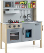 HONEY JOY Kids Kitchen Playset, Wooden Play Kitchen for Toddlers, Microwave, Range Hood, Ice Maker, 18 Cooking Accessories, Little Chef Pretend Play Toy Kitchen Set, Gift for Boys Girls, Gray