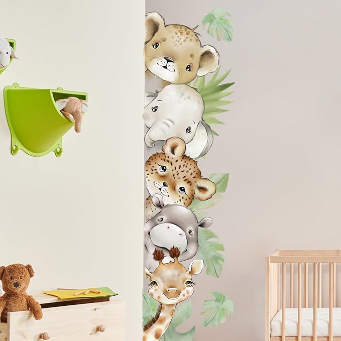 55.12 x 15.75 InchWatercolor Jungle Animal Wall Decals Tiger Elephant Zebra Giraffe Hippo Forest Wall Stickers Removable Peel and Stick Stickers for Baby Nursery Playroom Bedroom Classroom