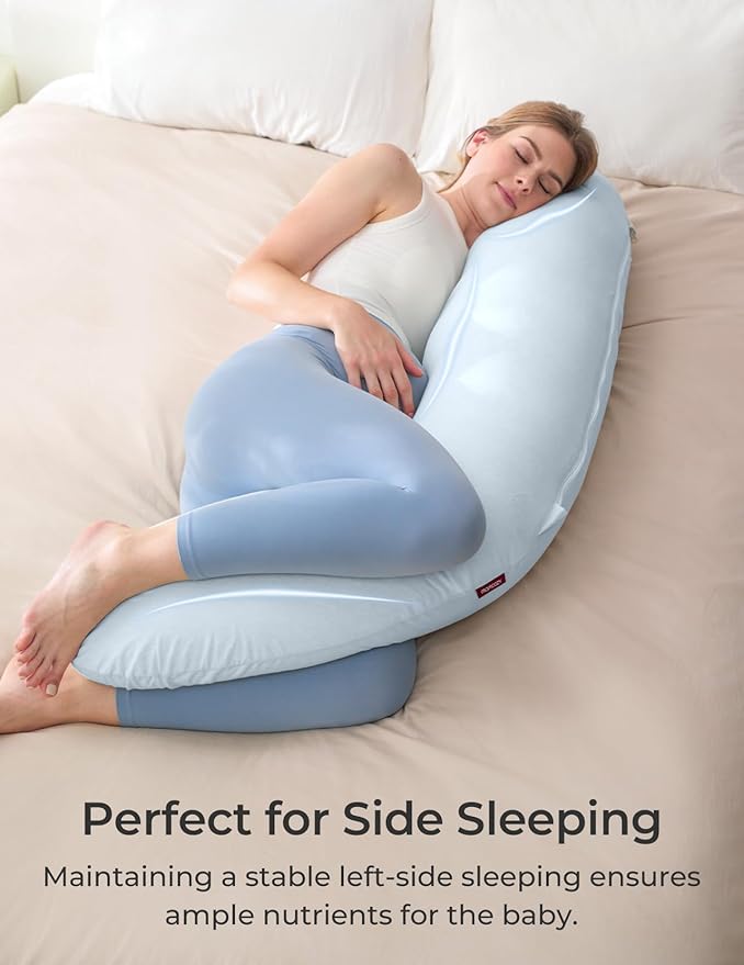 Momcozy Pregnancy Pillows for Side Sleeping, J Shaped Maternity Body Pillow for Pregnancy, Soft Pregnancy Pillow for Head Neck Belly Support, Blue