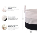 OrganiHaus Woven Laundry Basket, Large Cotton Rope Blanket Holder with Handles, Soft & Sturdy Nursery Hamper, Decorative Toy Bin for Living Room Organization 20x13 inches - Off-White/Black
