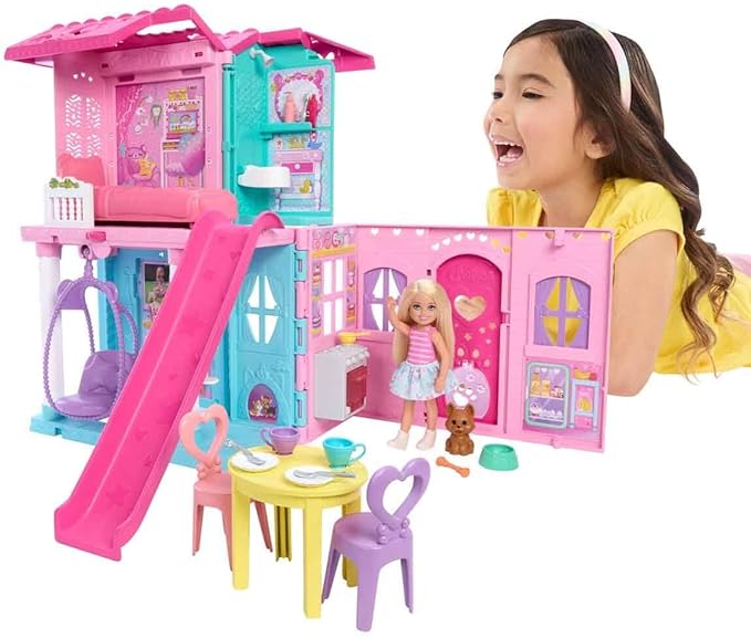 Barbie Chelsea Toy Dollhouse with 15+ Accessories, Pop-Up House Expands to 17+ x 13+ inches with 5 Play Areas & Slide, Includes Small Doll & Pet Dog