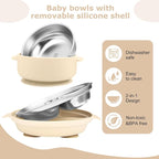 Stainless Steel Baby Plate and Bowl with Suction, Baby Bowl and Divided Kids Toddler Plate with Removable Silicone Shell, Non-Slip Toddler Baby Feeding Set, Forks + Spoons Included-Cream