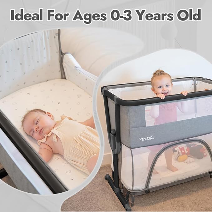 Papablic 4 in 1 Baby Bassinet, Bedside Bassinet for Baby, Adjustable Rocking Bassinet Bedside Sleeper with Soft Mattress & Storage Basket, Easy to Assemble, Black