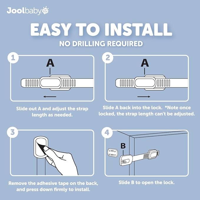 Child Safety Strap Locks (4 Pack) Baby Proof Cabinets, Drawers, Fridge, Toilet & Trash Cans – 3M Adhesive Childproof Locks – Jool Baby