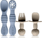 4pc Silicone Baby Spoons Self Feeding Baby Utensils 6-12 Months - 3 Baby Spoon - 1 Baby Fork - Toddler Cutlery Set - BPA Free, Dishwasher Safe - Baby Eating Essentials (Gray/Beige)
