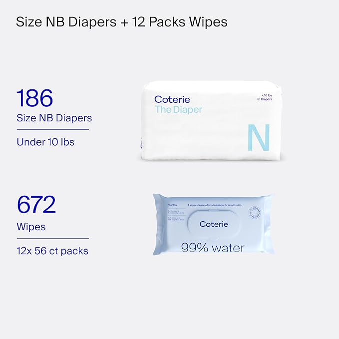 Coterie Baby Wipes + Diapers Kit, Size Newborn Diapers (186 Count) & 12 Pack (672 Count) Baby Wipes with 99% Water, Plant Based Materials, Hypoallergenic for Sensitive Skin