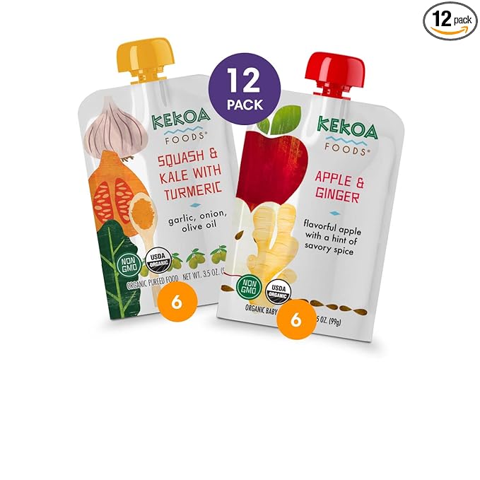 Kekoa Foods 100% USDA Certified-Organic Vegetarian Baby Food Puree Starter Packs: Gluten-Free, Vegan 3.5 oz Squeeze Pouches (12 Pack) | Apple Ginger, Squash & Kale w/Turmeric | High Fiber & Vitamins