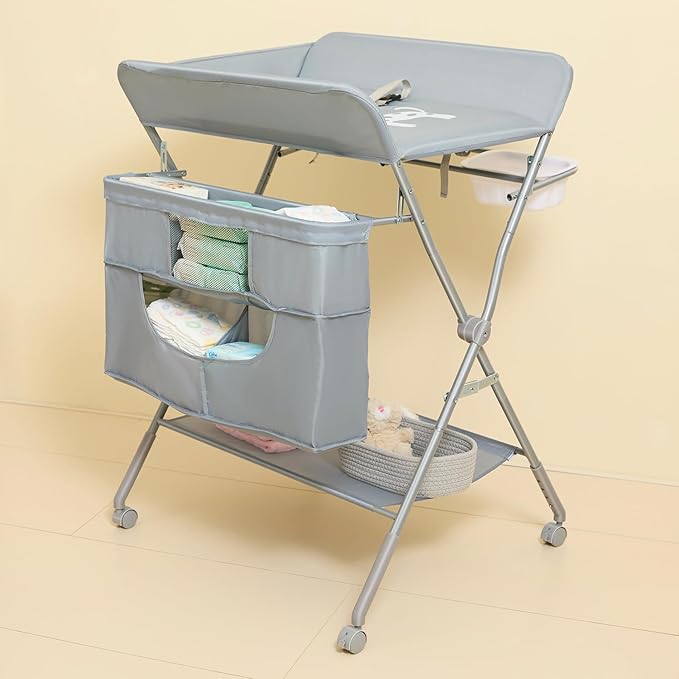 KARAOK Foldable Baby Changing Table with Wheels, Portable Diaper Changing Station with Large Storage Bag & 4-Level Adjustable Height for Newborn, Infant