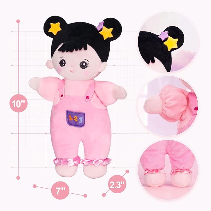 OUOZZZ 10" Soft Baby Doll for 1 Year Old Girl Gifts - Asian Doll Toys for 1 Year Old Birthday Christmas Plush Gift for Toddler Pink Straps Black Hair