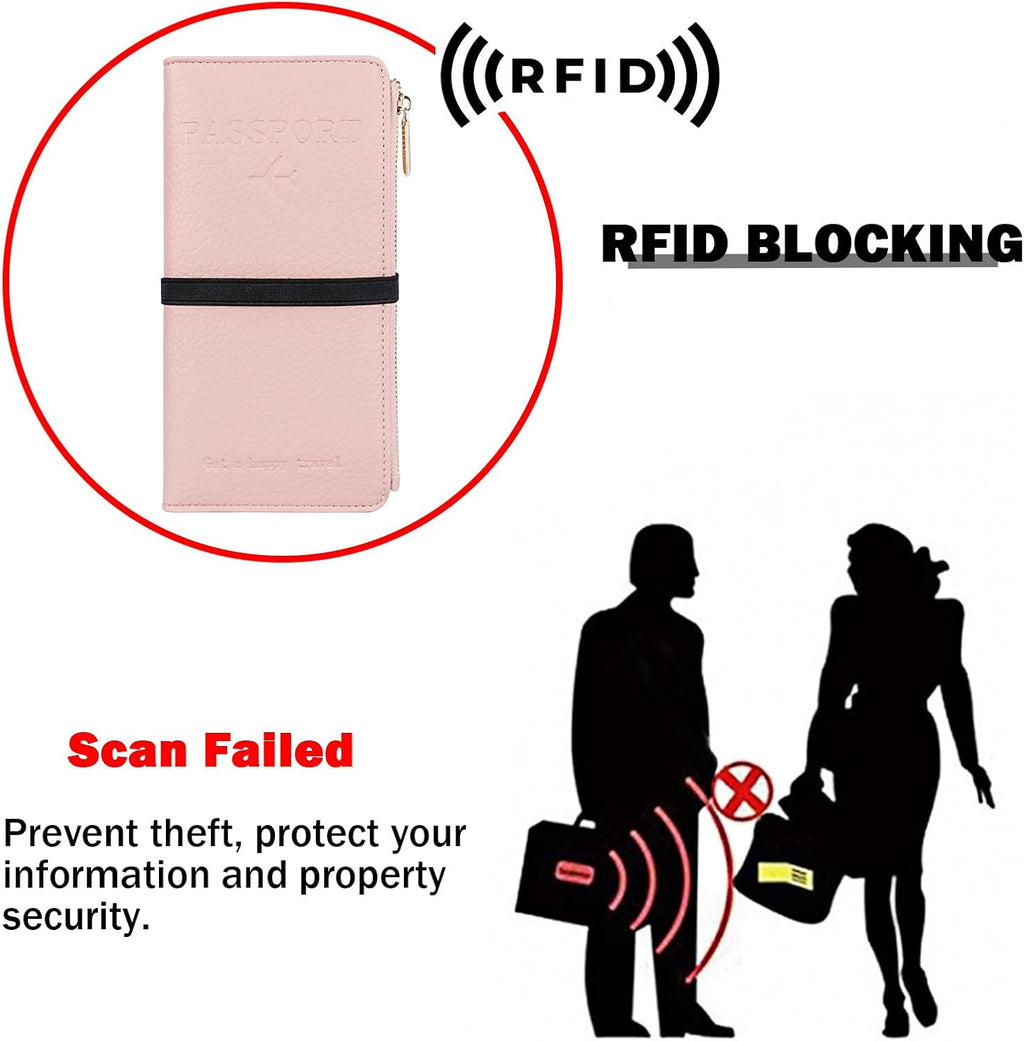 Travel Passport Wallet, RFID Blocking Passport Holder with Zipper, Passport Cover for Women Men, PU Leather Travel Document Organizer with Card Slots, Gift for Family Friends, Pink