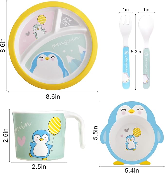 Kids Feeding Set 5 Pcs, Tableware Set for Toddlers Includes Plate Bowl Cup Fork and Spoon Utensil Flatware, Kids Flatware Set Dishwasher Safe, BPA Free (Penguin)