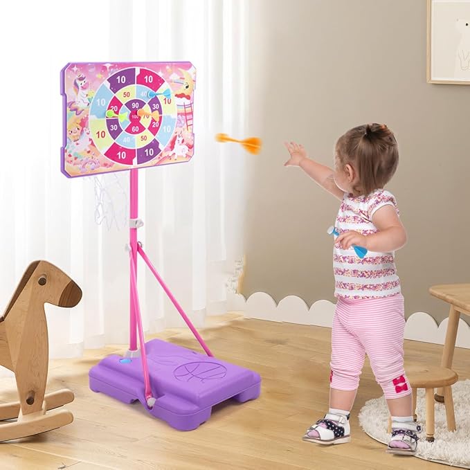 Meland Kids Basketball Hoop, Pink Basketball Hoop for Kids Toddler Basketball Hoop Outdoor & Indoor with Dart Board, Adjustable Height 3.4-6.2FT Birthday Gift Toys for Girls 3 4 5 6 7 8 Years Old