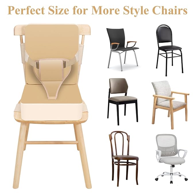 Toddler Booster Seat for Dining Table, Non-Slip Kitchen Chair Booster Seat with Backrest and Adjustable Straps, Portable PU Waterproof Travel Baby Booster Increasing Cushion