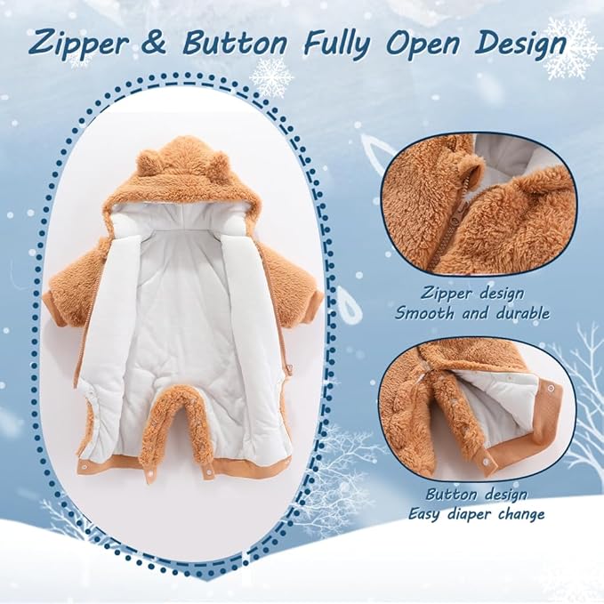 Newborn Baby Bear Outfit Suit Girls Boys Fleece Jumpsuit Romper Hooded Winter Snowsuit Clothes