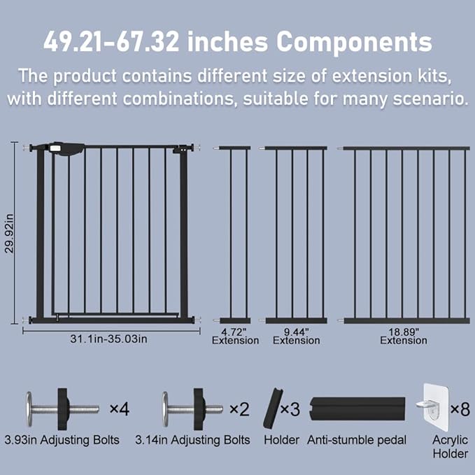 DEARBB Triple Lock Baby Gate for Stairs Doorways and House 31" to 86" Extra Wide Pressure Mounted Easy Walk Through Auto Close Safety Pet Gate Black 49.21-67.32"