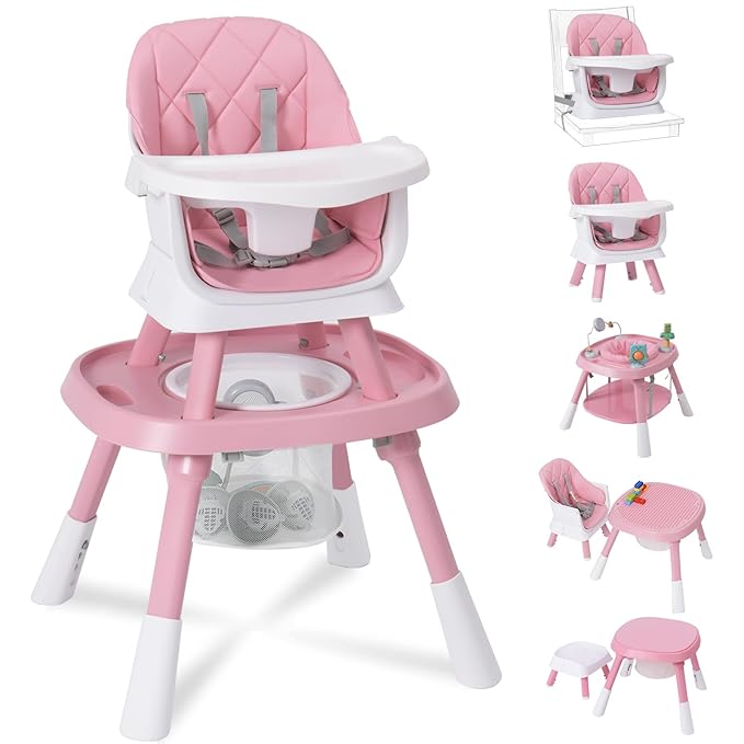 Babyliebe 15-in-1 Baby High Chair, Convertible Highchair for Babies and Toddlers with Activity Center, Booster Seat, Building Block Table, Toddler Chair with Safety Harness, Removable Tray (Pink)