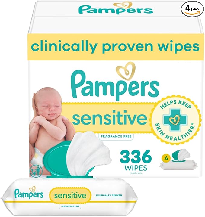 Pampers Baby Wipes, Sensitive, Water Based Wipe, Clinically Proven, Hypoallergenic, and Unscented for Babies, 336 Wipes Total (4 Flip-Top Packs)