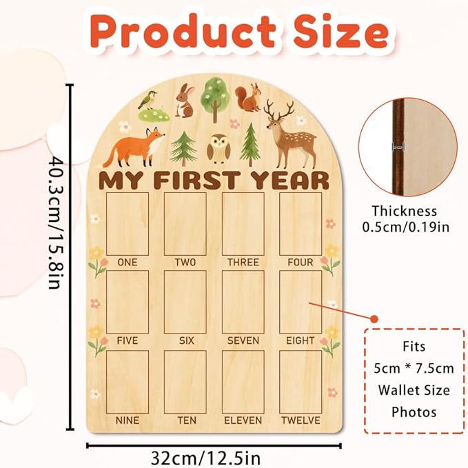 ORIGACH My First Year Baby Growth Photo Display Wood Board - 12 Months Newborn Milestones Photo Board - Neutral Baby Keepsake Board 1st Birthday Party Nursery Decor - Forest Animal & Flower
