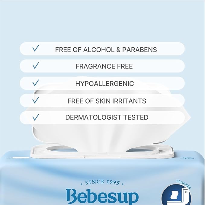 BEBESUP- Korea’s #1 Flushable Wipes- 100% Plant-Based Hypoallergenic Biodegradable 99% Water-Based Extra-Thick Organic Wipes Unscented for sensitive skin Flip-Top (48 Count 1 Pack)