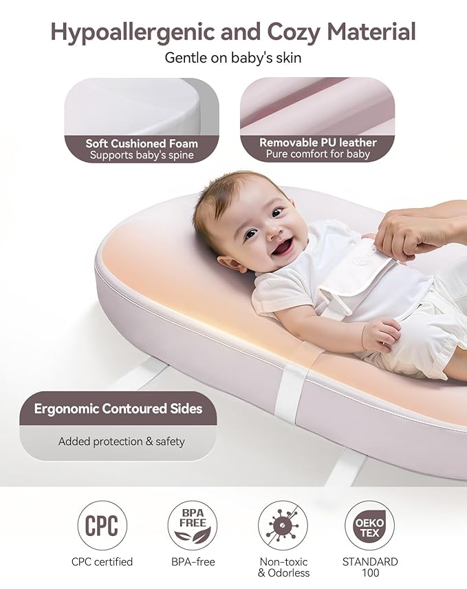 COMOMY Baby Changing Pad with Wipeable & Waterproof PU Cover, Contoured Diaper Changing Pad for Dresser with Non-Slip Safety Belt, Portable and Lightweight, Large Cushioned Foam, Lavender