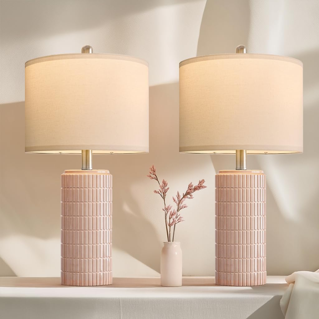 PoKat 23" Pink Ceramic Table Lamps Set of 2, Modern Bedroom Lamps for Girls Room, Bedside Lamps for Night Stands, Cute Lamps for Living Room Decor, Nightstands Desk Lamp, Pink