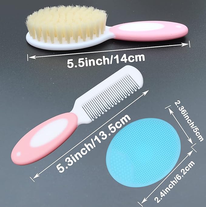 Baby Hair Brush &Silicone Baby Cradle Cap Brush Set, for Newborns & Toddlers-Natural Soft Goat Bristles-Ideal for Cradle Cap-Perfect Baby Registry Gift (Pink)