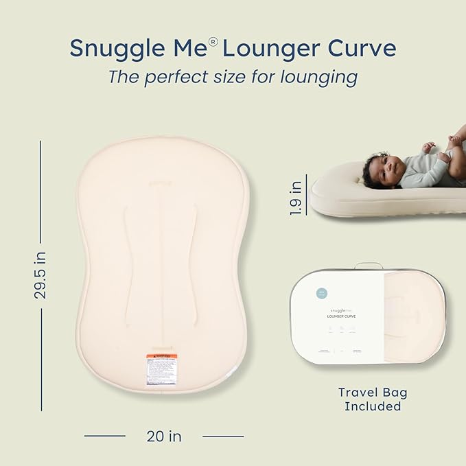 Snuggle Me® Baby Lounger Curve (0-6 Months) - Premium Organic Cotton with Foam Core, Machine-Washable Cover, Buttery-Soft & Breathable Infant Lounger with Travel Bag (30 in x 20 in x 1.9 in) - Natural