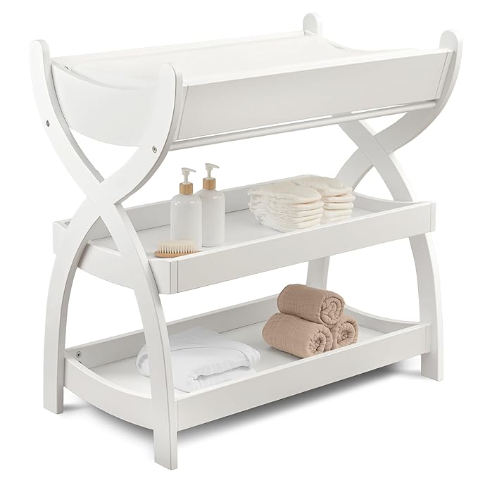 Comfy Cubs Baby Changing Table - Sturdy Wood Construction, Timeless Look Baby Change Table with Two Open Shelves for Infant Daycare Essentials Storage - White