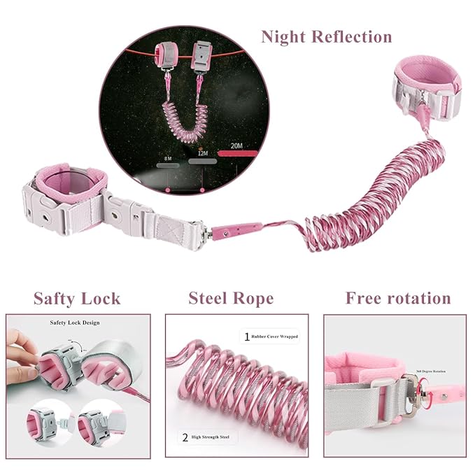 Reflective Toddler Harness with Anti Lost Wrist Link- 3 in 1 Baby Safety Leash with Key Lock Design for Boys/Girls, Walking Wristband Rope Protection Tether Belt, Pink