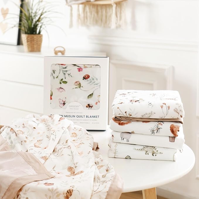 GRSSDER Cotton Muslin Quilt Blanket - Silky Soft and Breathable Baby Blanket Quilt, Oversized Muslin Blankets for Newborns, Toddlers & Kids, 6 Layers Reversible Design for All Seasons, 47" x 47"