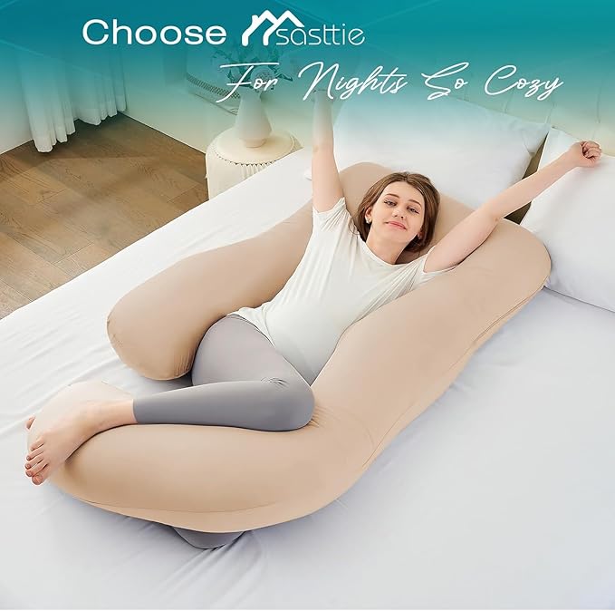 Sasttie Pregnancy Pillows for Sleeping, Jumbo U Shaped Cooling Full Body Pillow with Removable Cover, Pregnant Women Must Haves, Maternity Essential, Beige