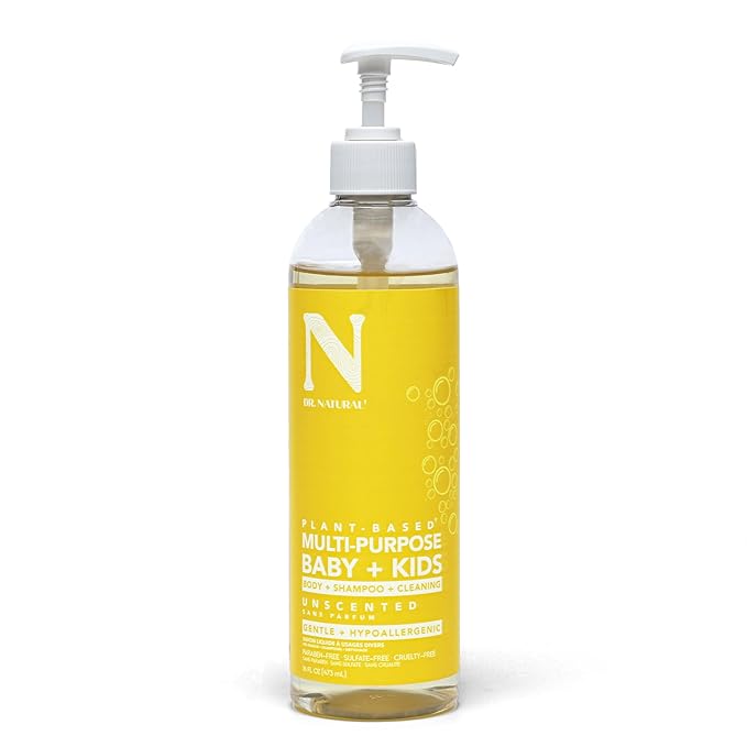 Dr. Natural Multi-Purpose Baby Plus Kids Soap - Body Wash and Shampoo - Gentle Soap with Shea Butter - Newborn Safe - Unscented - 16 oz