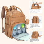 BabbleRoo Leather Diaper Bag Backpack - Baby Essentials Travel Baby Bag, Multi function, Waterproof, with Changing Pad, Stroller Straps & Pacifier Case – Unisex, Light Brown