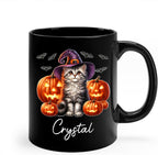 Personalized Halloween American Curl Ceramic Mug 11oz 15oz, Custom Name American Curl Wearing Witch Hat Coffee Cup, Cat with Pumpkins Halloween Black Cup, Spooky Cat Mug Gift for Pet Lover