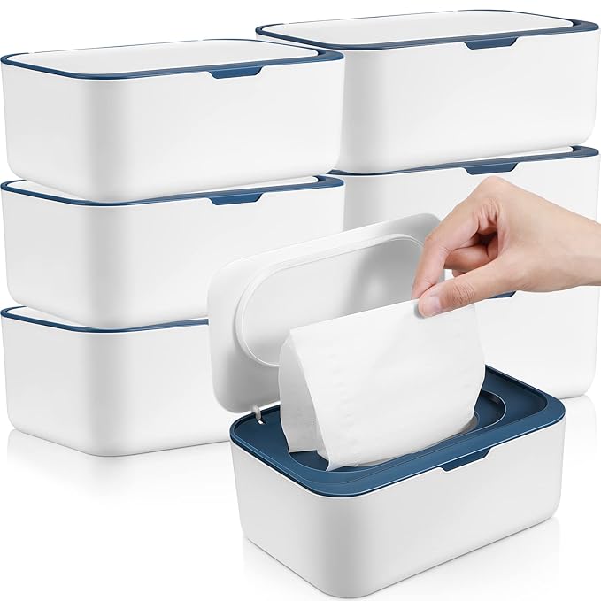 6 Pack Baby Wipes Dispenser Wipe Holder with Lids Refillable Container with Sealing Design Keeps Fresh Easy Open and Close for Bathroom Baby Nursery(Dark Blue)