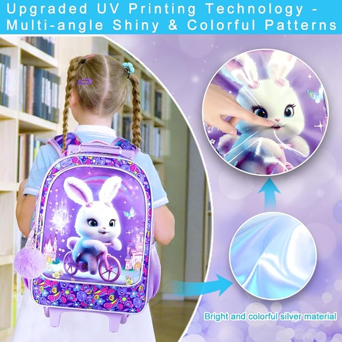 Rolling Backpack for Girls, Cute Rabbit Roller Wheels Kids Bookbag - Wheeled Elementary School Bag - 3PCS Rabbit
