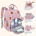 BabbleRoo Diaper Bag Backpack - Baby Essentials Travel Tote - Multi function Water Resistant Diaper Bag, Travel Essentials Baby Bag with Changing Pad, Stroller Straps & Pacifier Case - Unisex, Pink