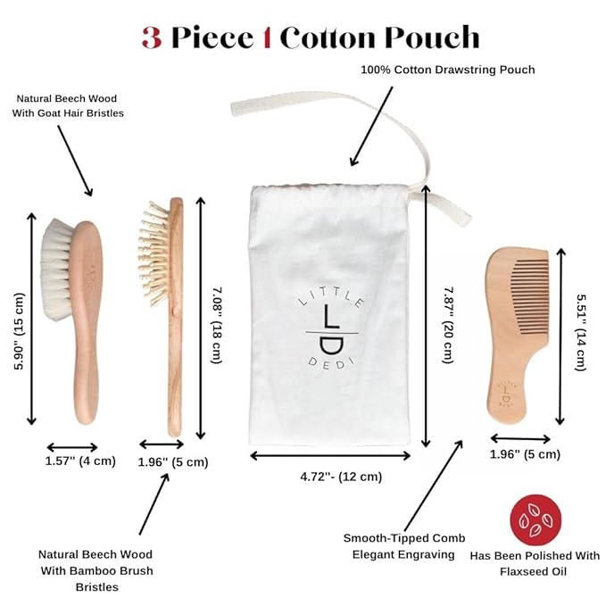 Premium Baby Hair Brush Set – Natural Goat Hair & Bamboo Bristle Brushes, Beechwood Comb, Cotton Pouch – Gentle Scalp Care for Newborns & Toddlers, Gift-Ready & Eco-Friendly