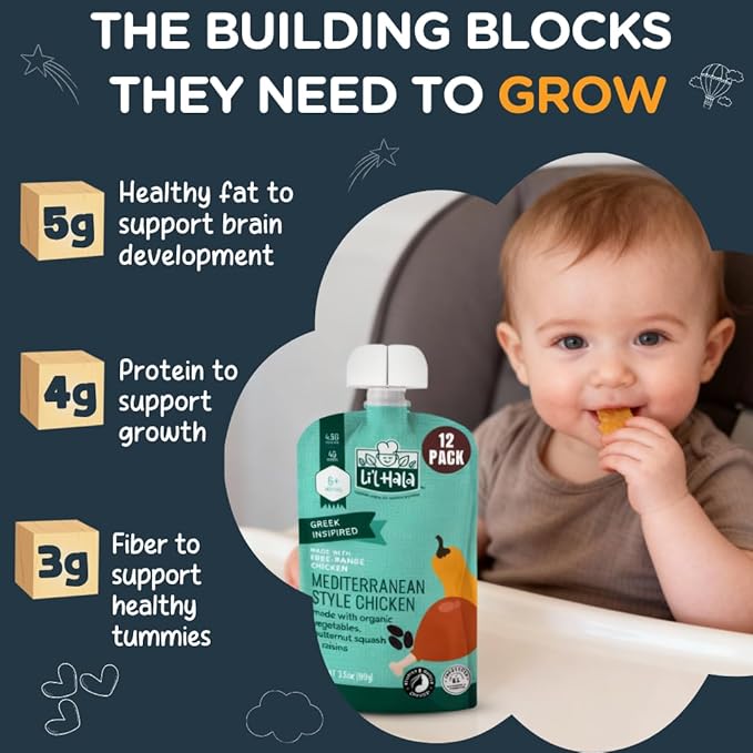 Li’l Hala Mediterranean Chicken Baby Food Pouches – Free-Range Chicken & Organic Veggies – Toddler Meals with Meat – Protein & Healthy Fats Puree – No Hormones – 6+ Months – 3.5 oz (12 Pack)