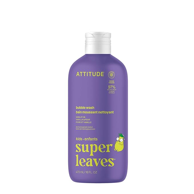 ATTITUDE Bubble Wash for Kids, EWG Verified Bubble Bath, Hair Shampoo and Body Soap, Dermatologically Tested, Plant- and Mineral-Based, Vegan, Vanilla & Pear, 16 Fl Oz