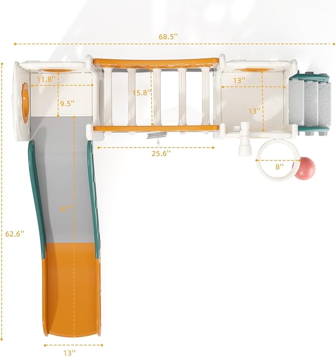 KORIMEFA 10 in 1 Toddler Slide Set, Kids Slide for Toddlers, Outdoor Indoor Playground for Toddlers 1-3, Toddler PlaySet with Basketball Hoop and Ball Golf Set, Climbing Arch(Yellow & Green)