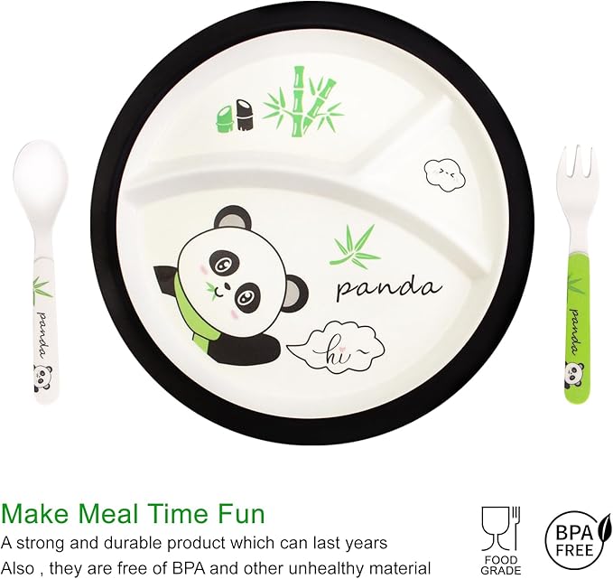 Kids Feeding Set 5 Pcs, Tableware Set for Toddlers Includes Plate Bowl Cup Fork and Spoon Utensil Flatware, Kids Flatware Set Dishwasher Safe, BPA Free (Panda)