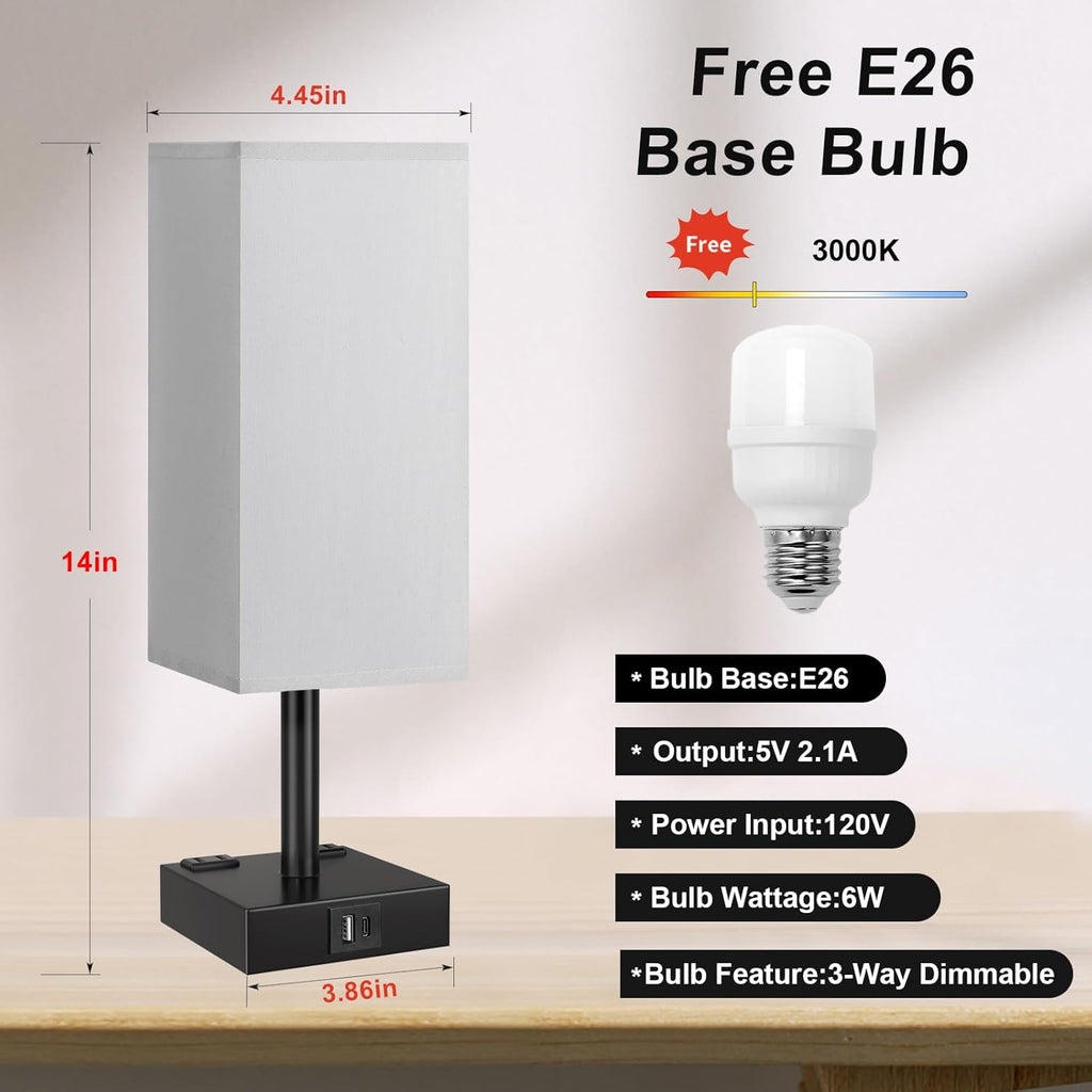 Touch Bedside Table Lamp For Nightstand - 3-Way Dimmable Night Lamp with USB A + Type C Charging Ports and two AC Outlets, Small Desk Light with E26 LED Bulb for Bedroom Living Room Office, Grey Black