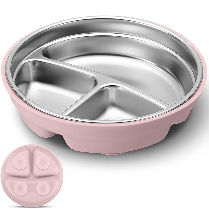 Nuogo 1 Pcs Stainless Steel Baby Suction Plates with Removable Silicone Shell 2-in-1 Metal Toddler Bowl Divided for Picky Eaters Kids Feeding Led Weaning Supplies, Dishwasher Safe (Dark Pink)